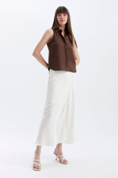 Regular Fit Shirt Collar Linen Blend Sleeveless Blouse