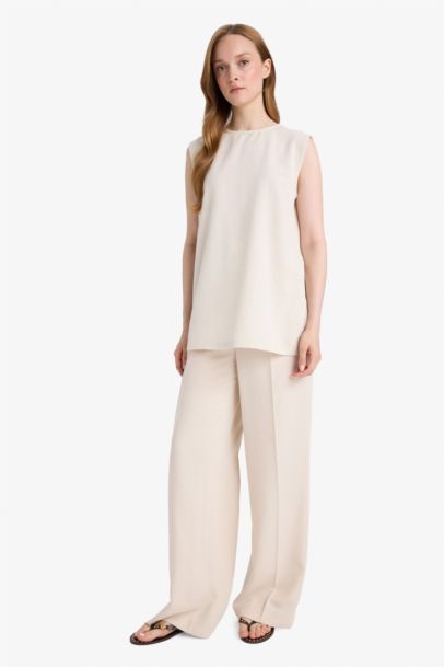 Regular Fit Crew Neck Basic Linen Blend Tunic