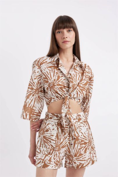 Shirt Collar Voile Short Sleeve Crop Blouse