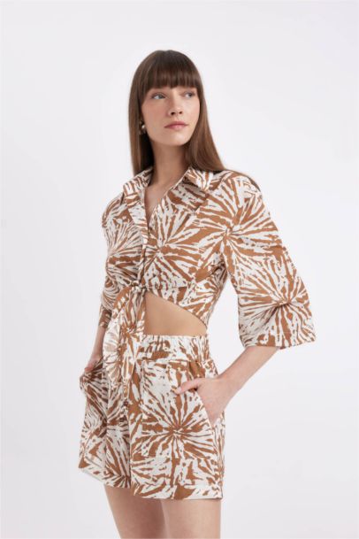 Shirt Collar Voile Short Sleeve Crop Blouse