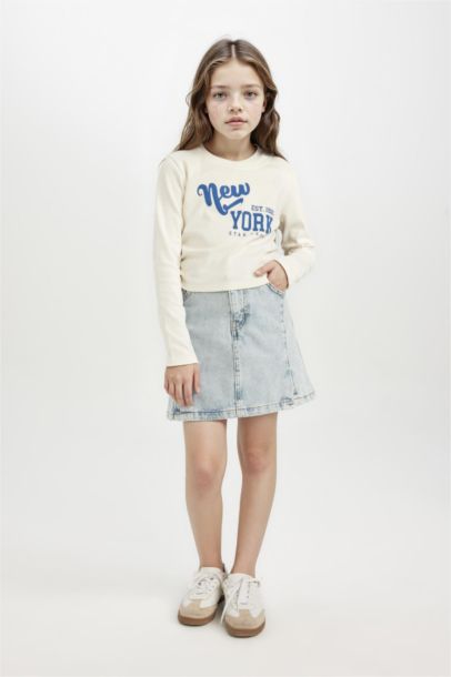 Cropped Fit Bisiklet Yaka Baskılı Ribana Uzun Kollu Tişört Kız Çocuk