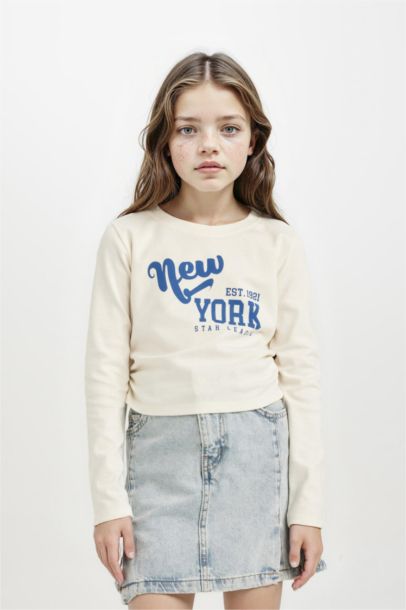 Cropped Fit Bisiklet Yaka Baskılı Ribana Uzun Kollu Tişört Kız Çocuk