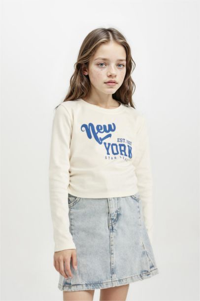 Cropped Fit Bisiklet Yaka Baskılı Ribana Uzun Kollu Tişört Kız Çocuk