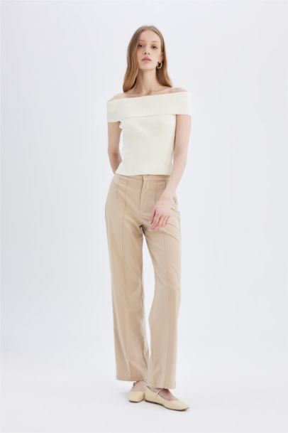 Fitted Açık Omuz Basic Düz Triko Bluz