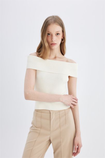 Fitted Açık Omuz Basic Düz Triko Bluz