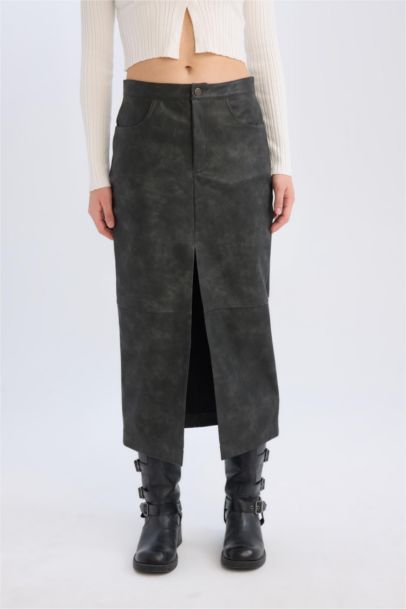 Pencil Skirt Faux Leather High Waist Midi Knitted Skirt