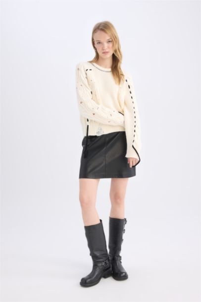 Coool A Cut Faux Leather High Waist Mini Knitted Skirt