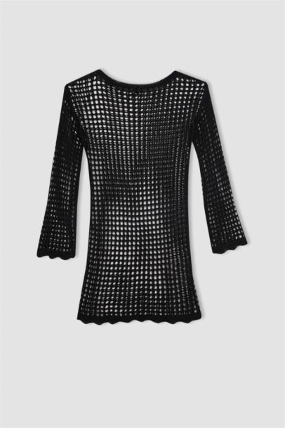 Mini Robe à Manches Courtes en Crochet à Col Rond