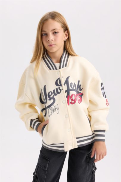 جاكيت بومبر بناتي تقيل بيج بطبعة شعار اوفر سايز ببطانة ناعمة