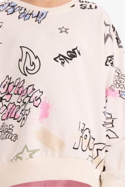 Oversize Geniş Kalıp Bisiklet Yaka 3D Baskılı Sweatshirt Kız Çocuk