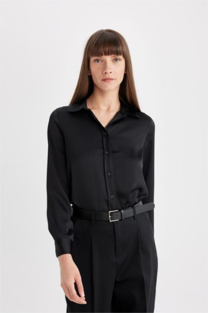 Regular Fit Basic Buttoned Poplin Black Shirt