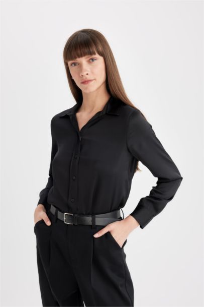 Regular Fit Basic Buttoned Poplin Black Shirt
