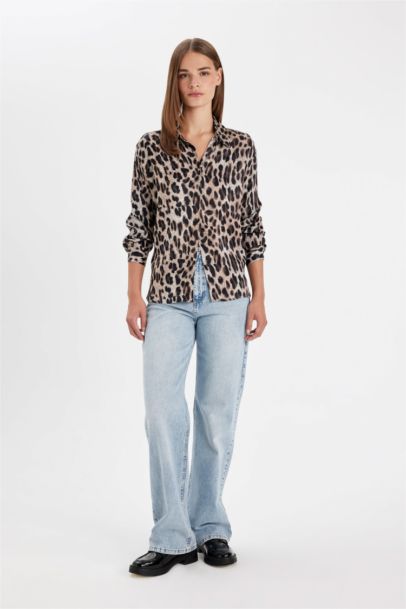 Regular Fit Leopard Patterned Poplin Shirt