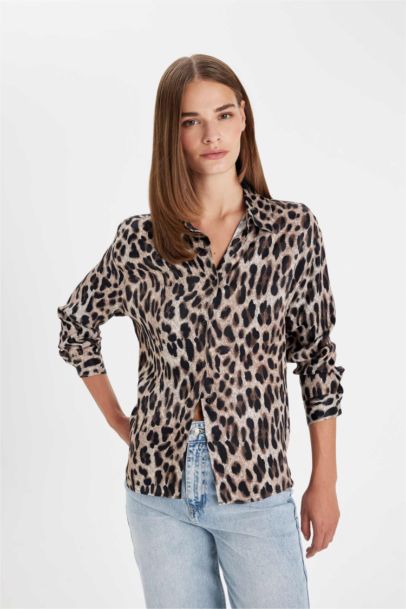 Regular Fit Leopard Patterned Poplin Shirt