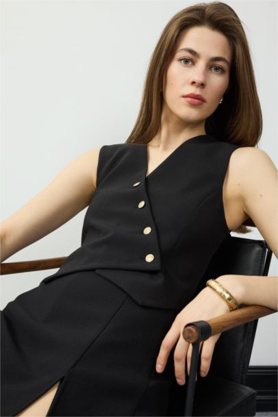 Fitted Vücuda Oturan V Yaka Crop Çapraz Düğmeli Blazer Yelek