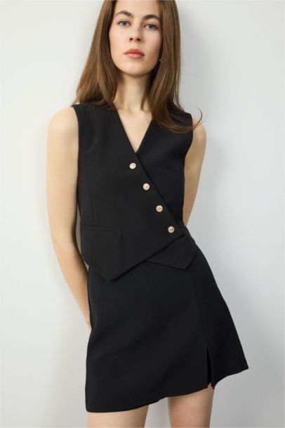 Fitted Vücuda Oturan V Yaka Crop Çapraz Düğmeli Blazer Yelek