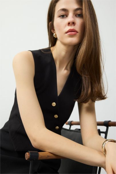 Fitted Vücuda Oturan V Yaka Crop Çapraz Düğmeli Blazer Yelek