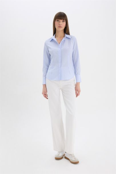 Fitted Basic Düz Poplin Uzun Kollu Gömlek