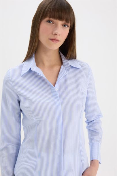 Fitted Basic Düz Poplin Uzun Kollu Gömlek