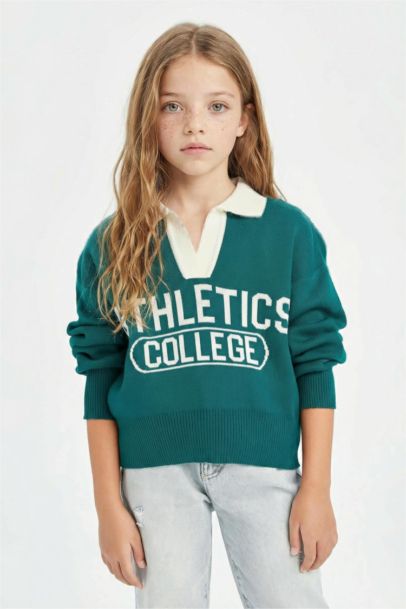 Girl Polo Neck Text Printed Knitwear Pullover