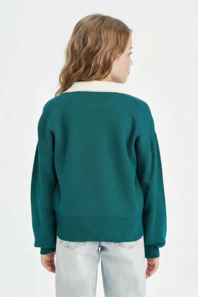 Girl Polo Neck Text Printed Knitwear Pullover