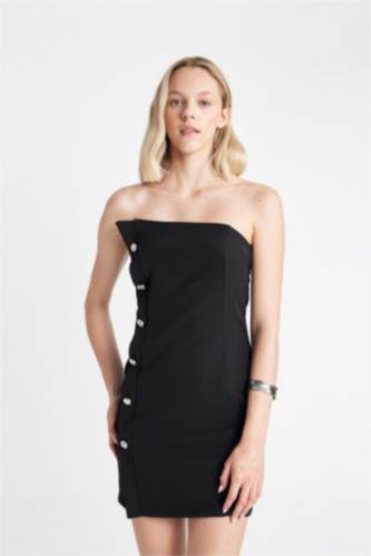 Straplez Düğme Detaylı Mini Elbise