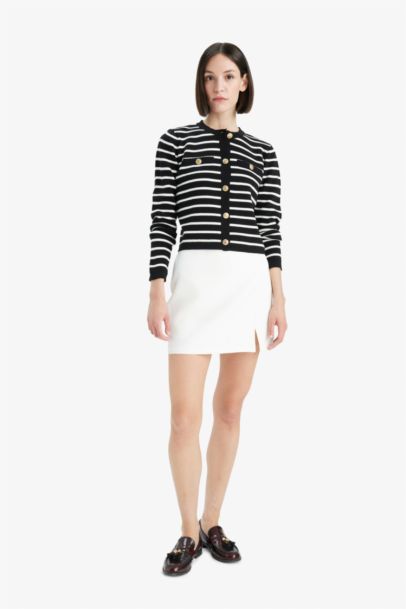 Regular Fit Bisiklet Yaka Çizgili Düğmeli Triko Hırka