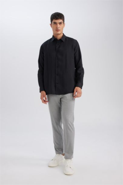 Siyah Relax Fit Polo Yaka Twill Modal Karışımlı Basic Düz Uzun Kollu Gömlek