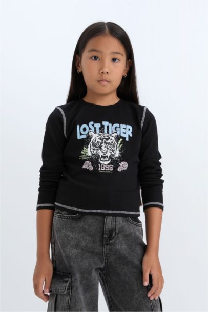 Cropped Fit Bisiklet Yaka Baskılı Fitilli Kaşkorse Uzun Kollu Tişört Kız Çocuk