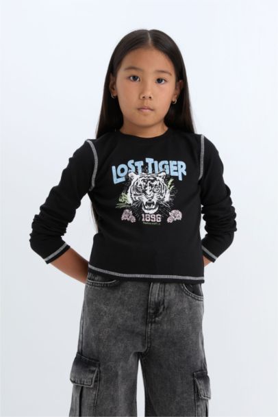 Cropped Fit Bisiklet Yaka Baskılı Fitilli Kaşkorse Uzun Kollu Tişört Kız Çocuk