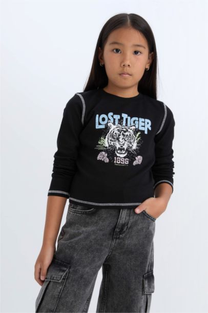 Cropped Fit Bisiklet Yaka Baskılı Fitilli Kaşkorse Uzun Kollu Tişört Kız Çocuk