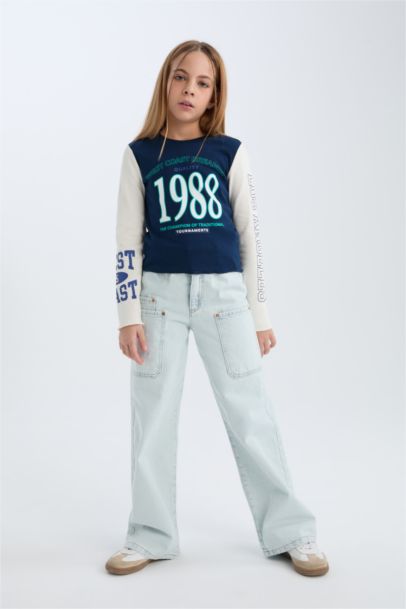 Cropped Fit Bisiklet Yaka Baskılı Fitilli Kaşkorse Uzun Kollu Tişört Kız Çocuk