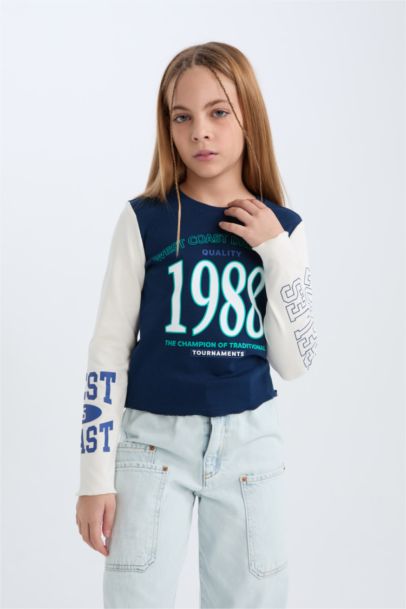 Cropped Fit Bisiklet Yaka Baskılı Fitilli Kaşkorse Uzun Kollu Tişört Kız Çocuk