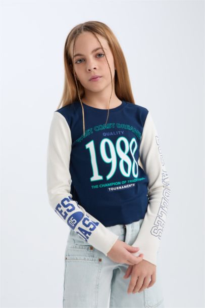 Cropped Fit Bisiklet Yaka Baskılı Fitilli Kaşkorse Uzun Kollu Tişört Kız Çocuk