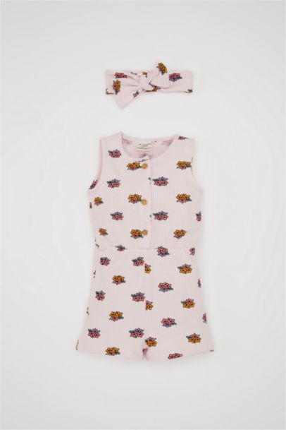 Baby Girl Floral Waffle Jumpsuit Hair Band 2 Piece Set