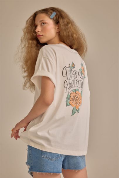 Loose Fıt Bisiklet Yaka Baskılı Kısa Kollu Tişört