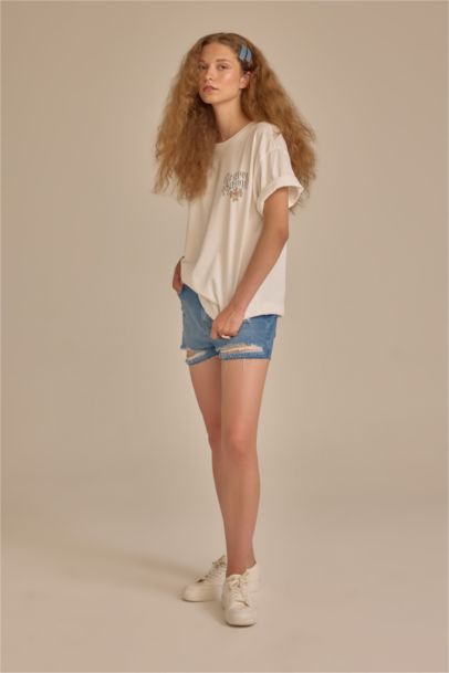 Loose Fıt Bisiklet Yaka Baskılı Kısa Kollu Tişört