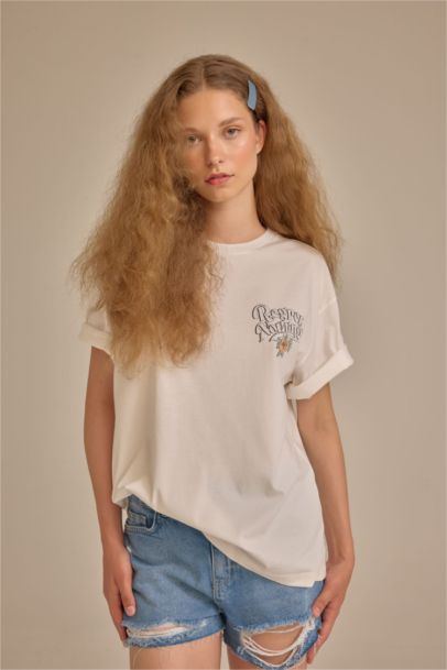 Loose Fıt Bisiklet Yaka Baskılı Kısa Kollu Tişört