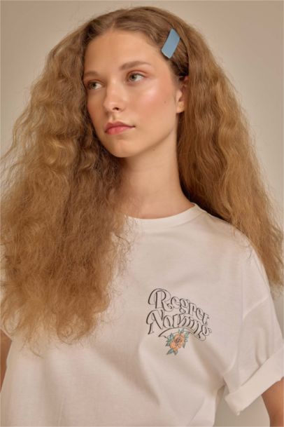 Loose Fıt Bisiklet Yaka Baskılı Kısa Kollu Tişört