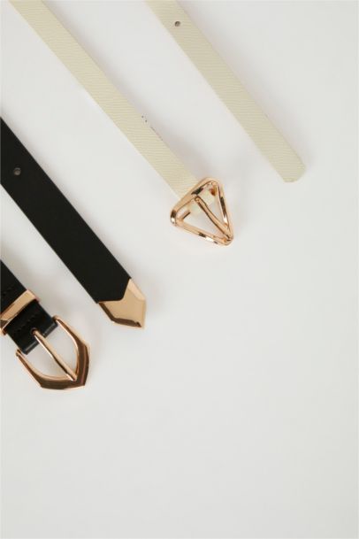 Woman Faux Leather Gold Buckled 2 Piece Classic Belt