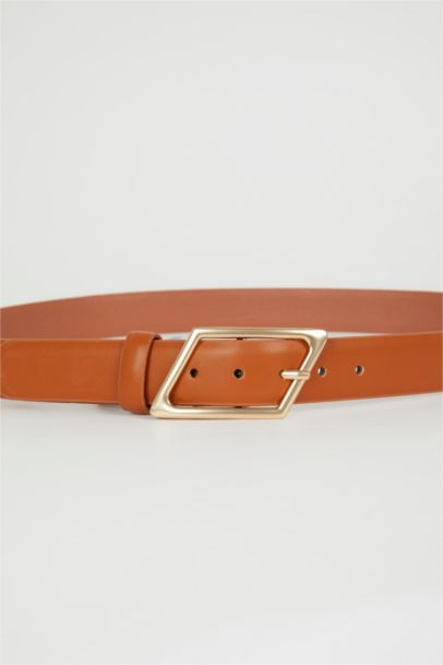 Woman Faux Leather Gold Buckle Classic Belt
