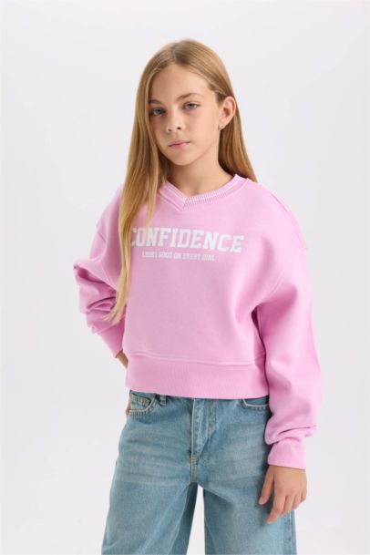 V Yaka Baskılı İçi Yumuşak Tüylü Sweatshirt Kız Çocuk