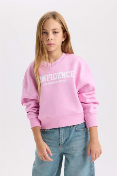 V Yaka Baskılı İçi Yumuşak Tüylü Sweatshirt Kız Çocuk