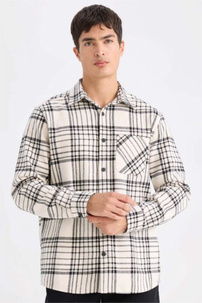 Regular Fit Polo Collar Plaid Flanel Long Sleeve Shirt