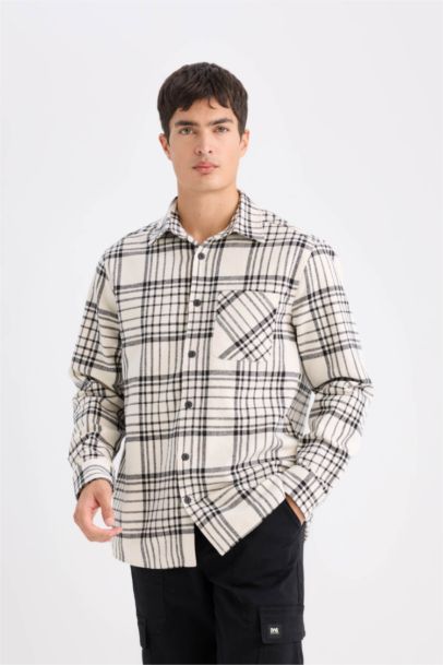 Regular Fit Polo Collar Plaid Flanel Long Sleeve Shirt