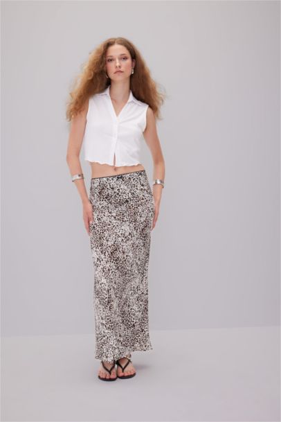 Kalem Leopar Desenli Yüksek Bel Maroken Maxi Etek