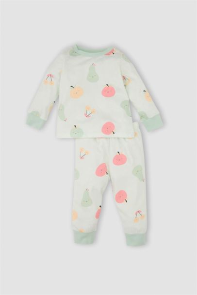 Baby Girl Fruit Patterned Cotton Long Sleeve Top Bottom 4 Piece Pajama Set