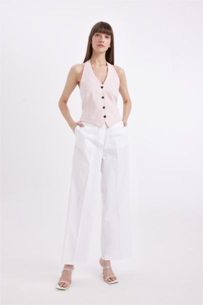 V Yaka Düğmeli Basic Düz Blazer Yelek