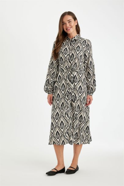 Shirt Collar Patterned Long Sleeve Maxi Dress