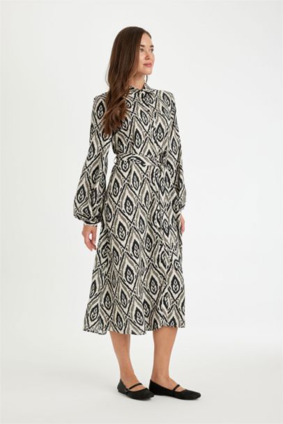 Shirt Collar Patterned Long Sleeve Maxi Dress